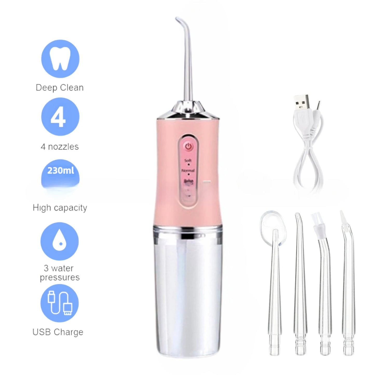 Portable Water Flosser – USB Rechargeable with 4 Tips