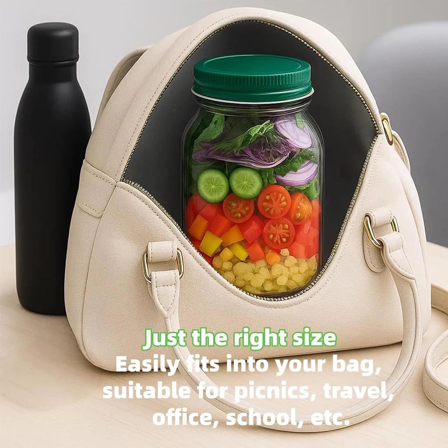 Backpack with a jar of salad and a black water bottle on a light background