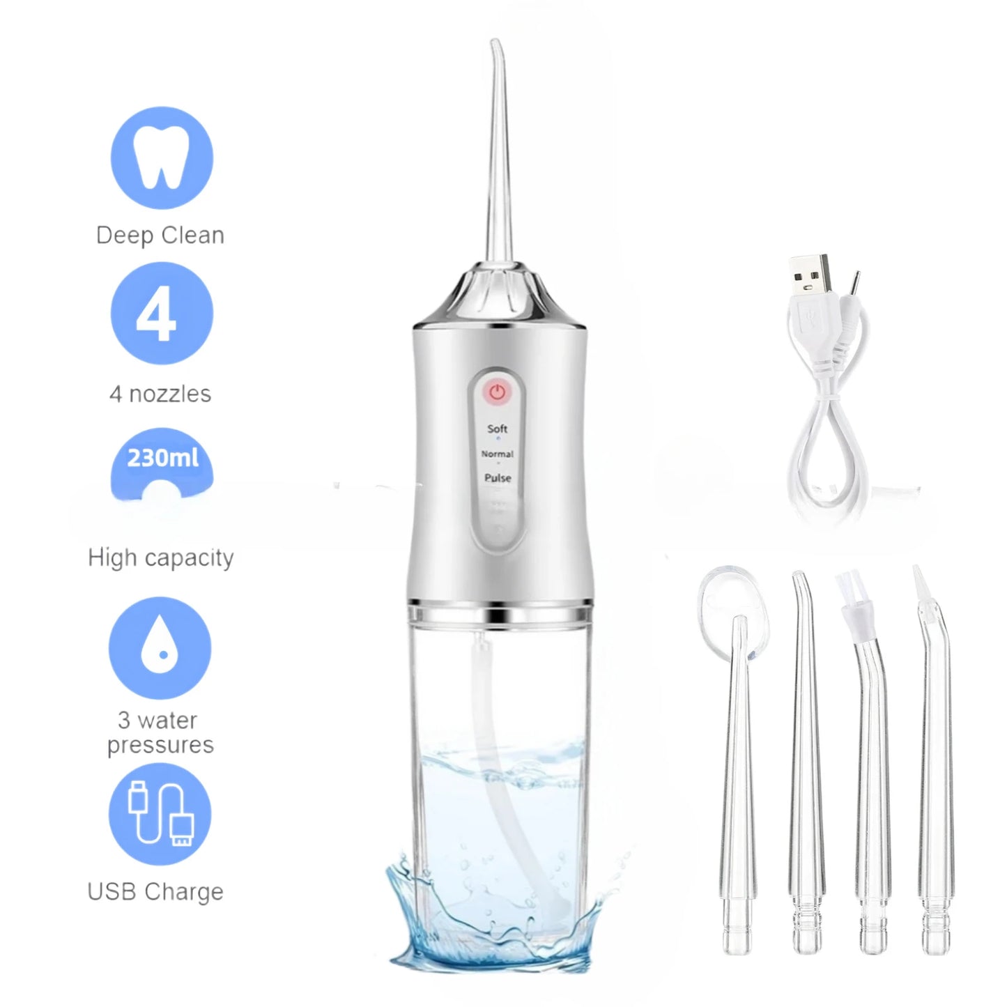 Portable Water Flosser – USB Rechargeable with 4 Tips