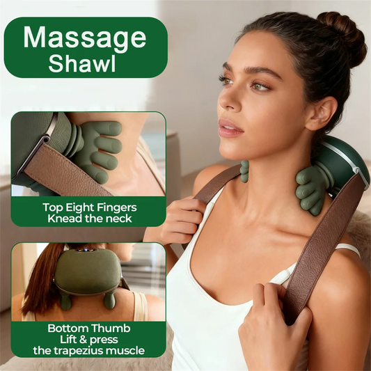 Heated neck massager with hand-shaped design - woman wearing device showing eight finger kneading points and thumb trapezius lift feature