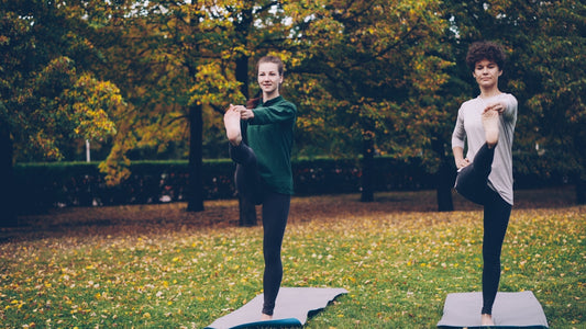 Two women practicing yoga in a park