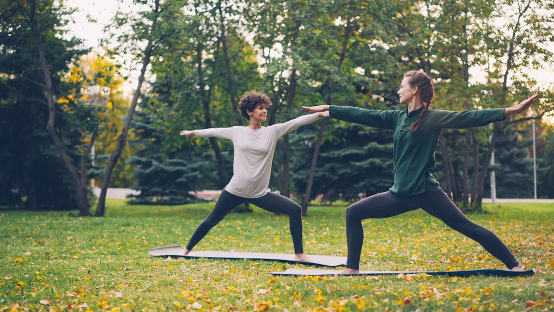 Two women practicing yoga in a park.