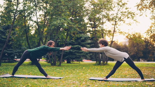 Two people doing yoga in a park