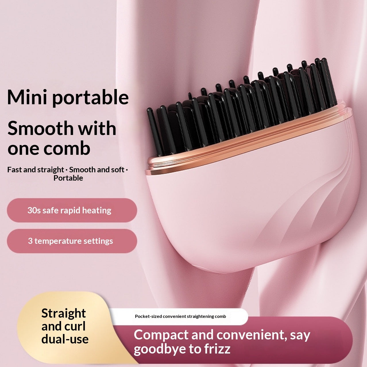 Mini portable hair straightening comb with pink handle and black bristles on a light pink background.