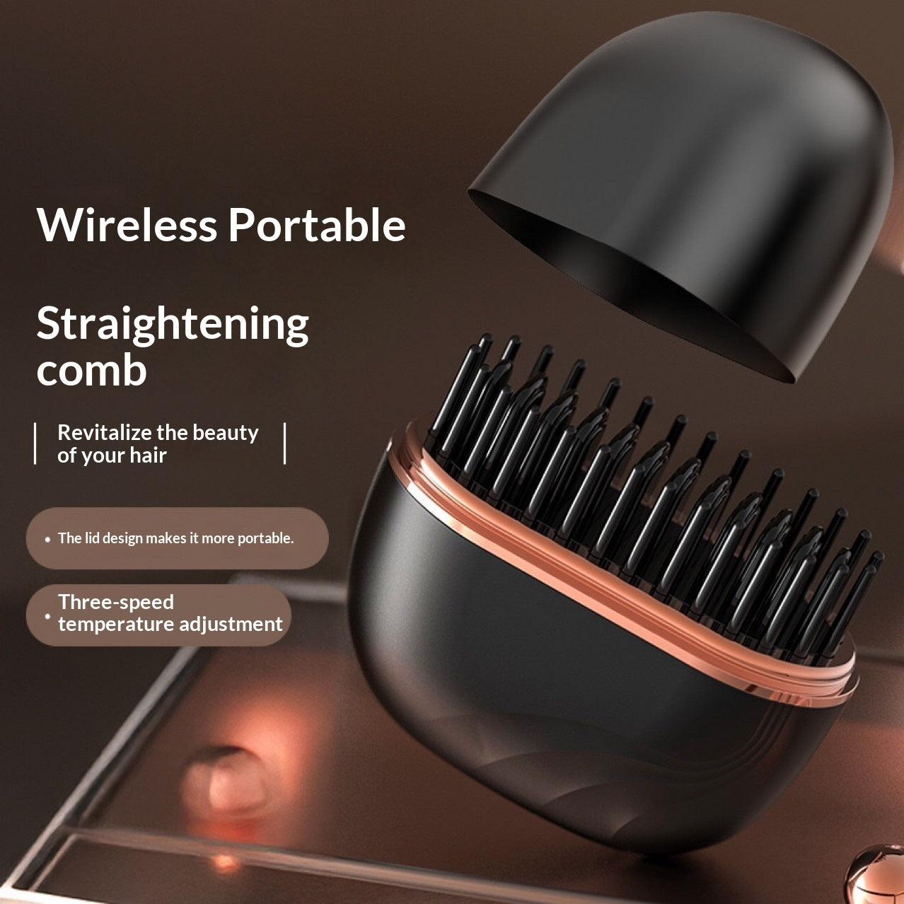 Wireless portable straightening comb with lid design on a dark background