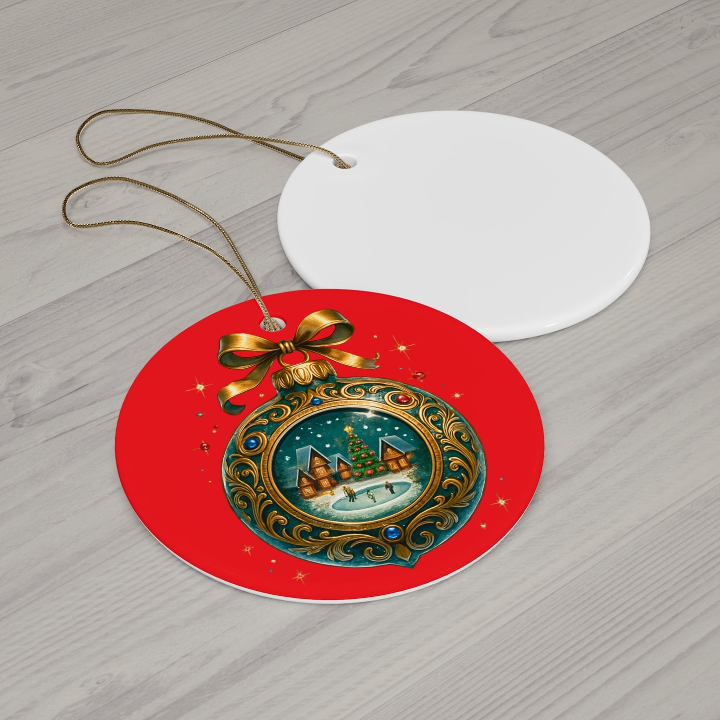 Christmas Ornament – Vintage Winter Village Bauble | Red Background, Premium Holiday Keepsake