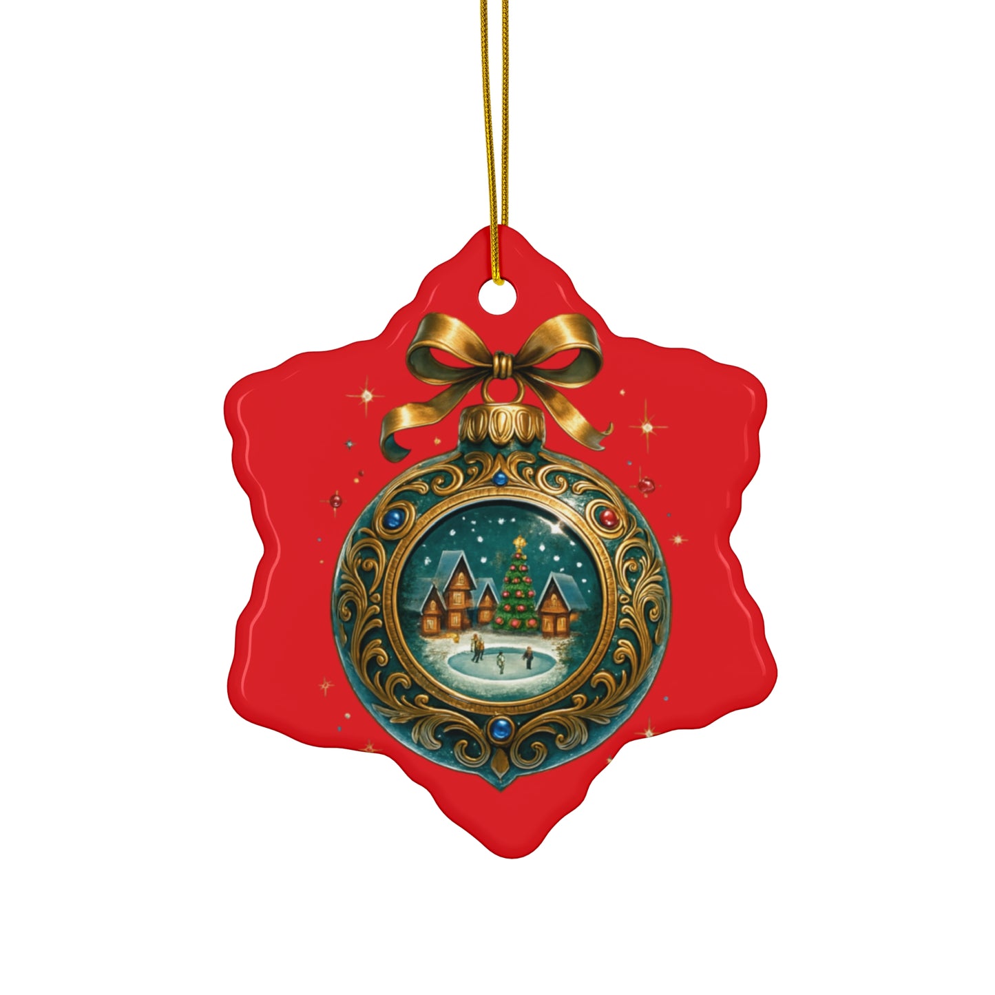 Christmas Ornament – Vintage Winter Village Bauble | Red Background, Premium Holiday Keepsake