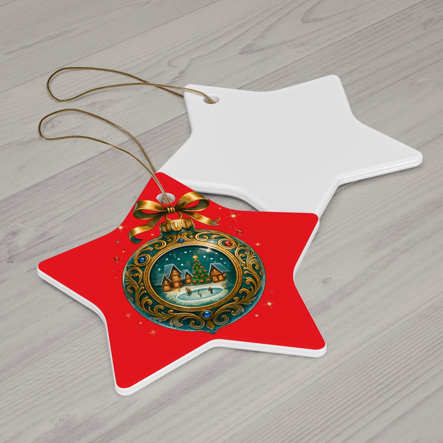 Christmas Ornament – Vintage Winter Village Bauble | Red Background, Premium Holiday Keepsake