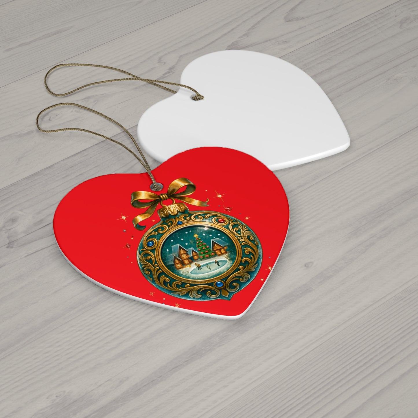 Christmas Ornament – Vintage Winter Village Bauble | Red Background, Premium Holiday Keepsake