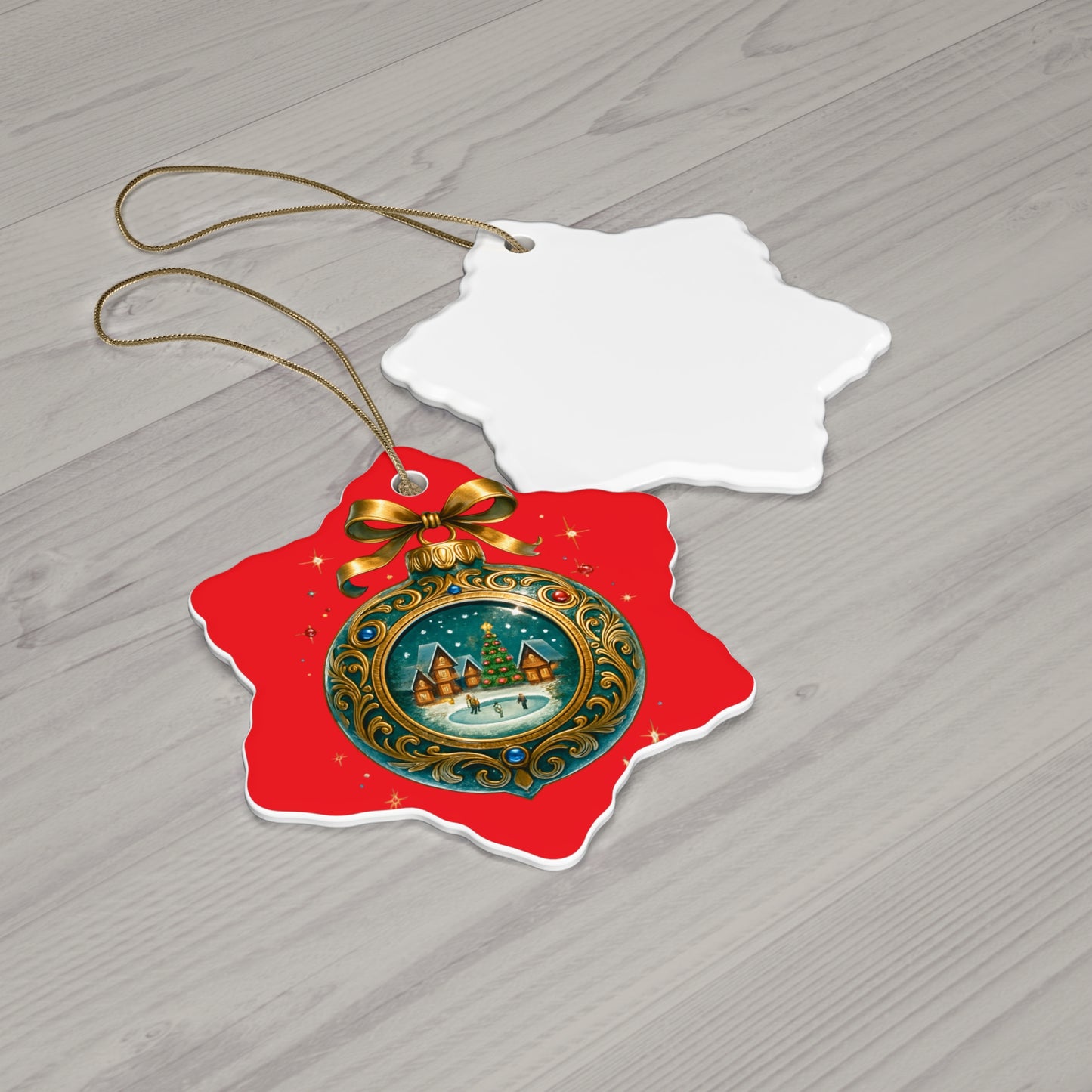 Christmas Ornament – Vintage Winter Village Bauble | Red Background, Premium Holiday Keepsake