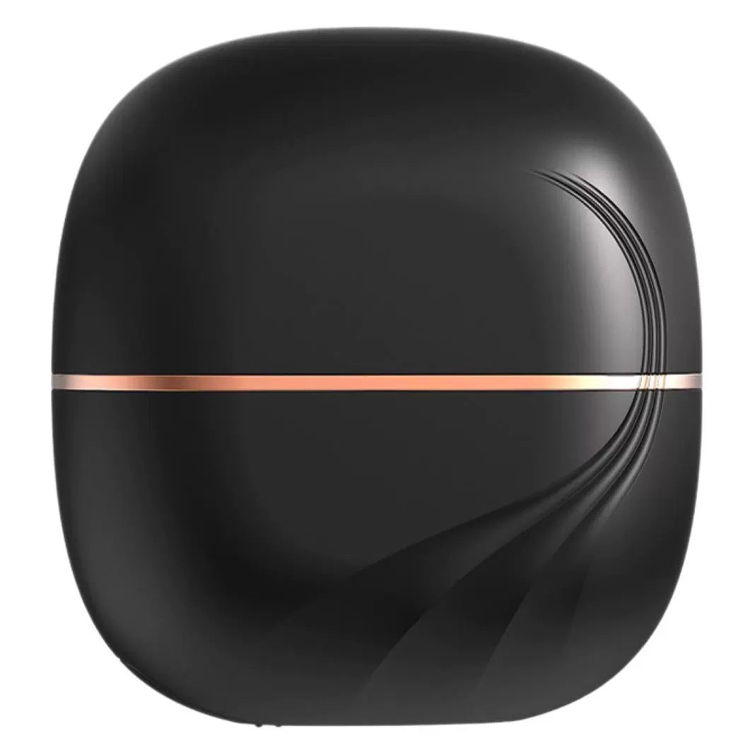 Black electronic device with a rose gold accent on a white background