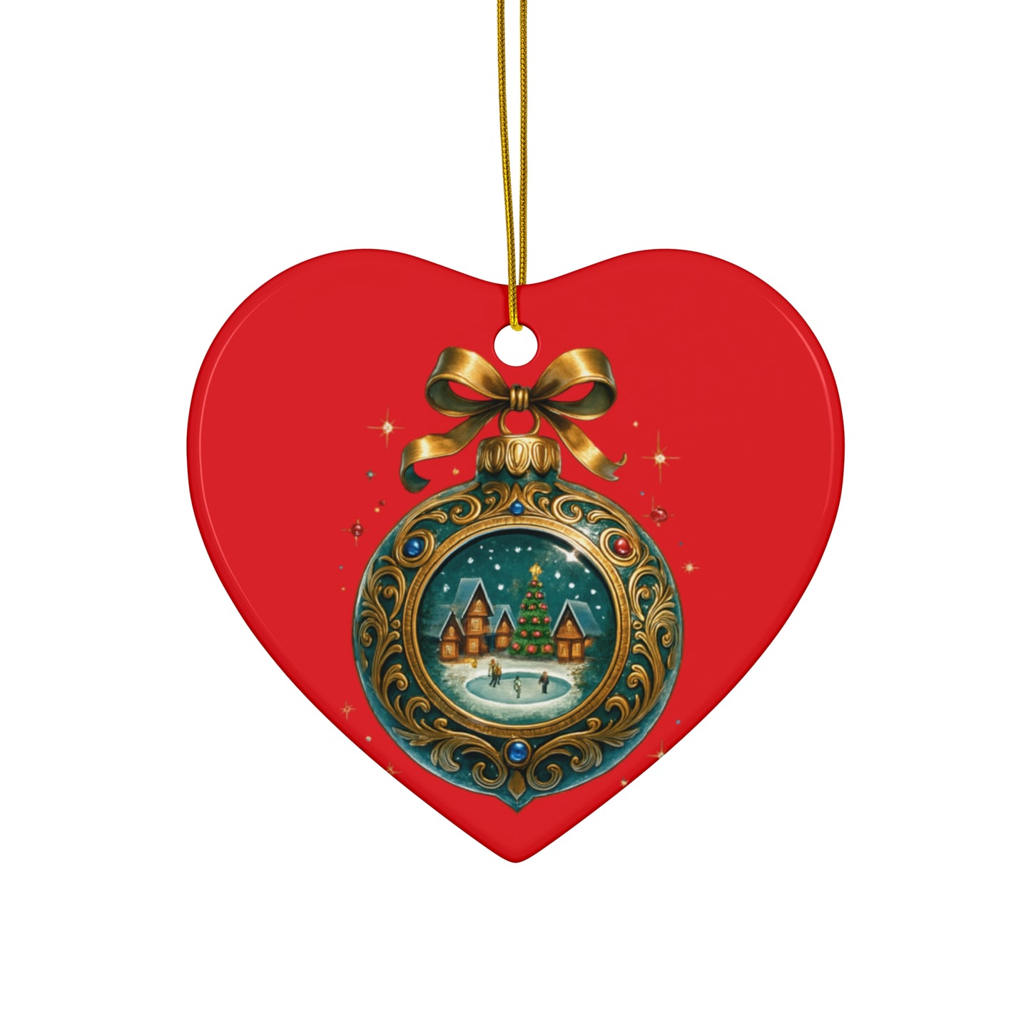 Christmas Ornament – Vintage Winter Village Bauble | Red Background, Premium Holiday Keepsake