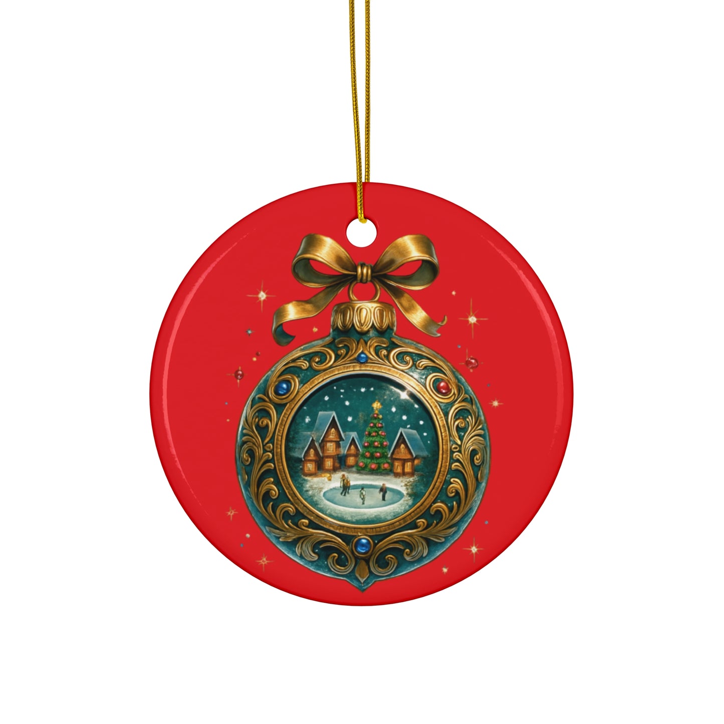 Christmas Ornament – Vintage Winter Village Bauble | Red Background, Premium Holiday Keepsake