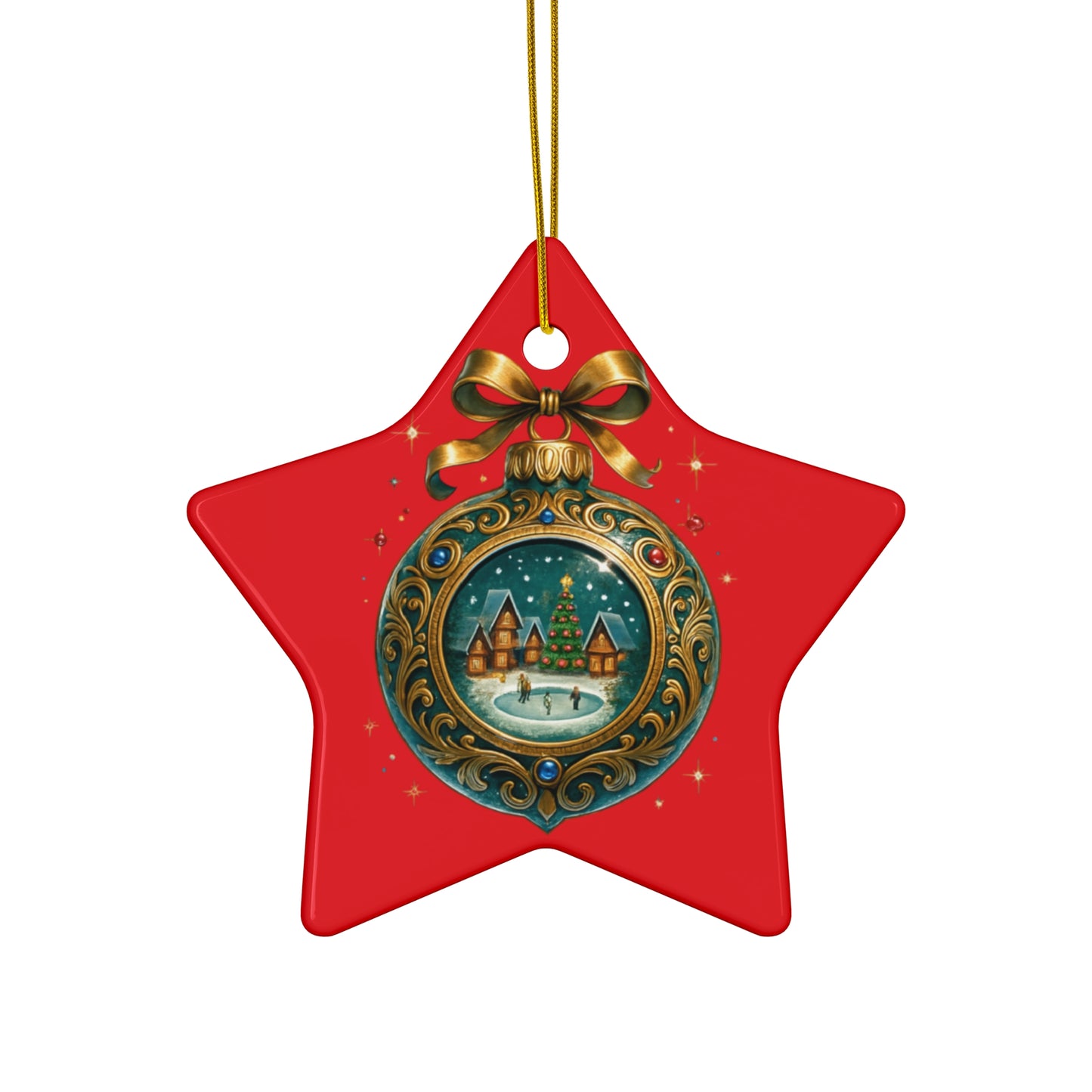 Christmas Ornament – Vintage Winter Village Bauble | Red Background, Premium Holiday Keepsake