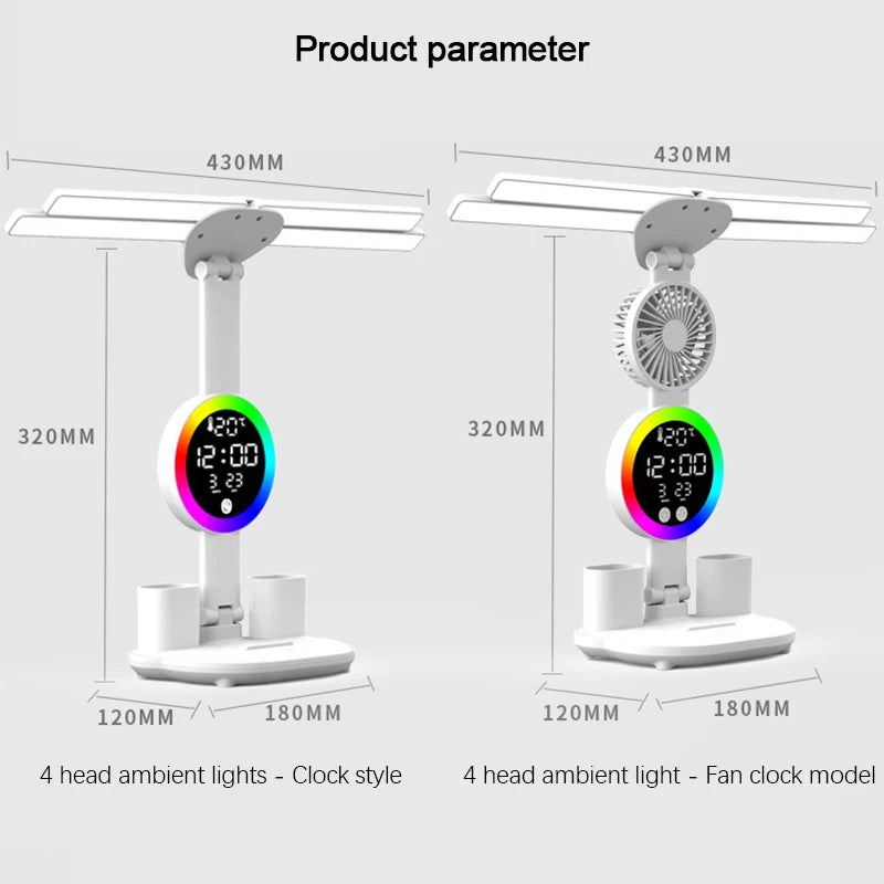 Measurement chart of a desk lamp with clock and fan features, showing dimensions.