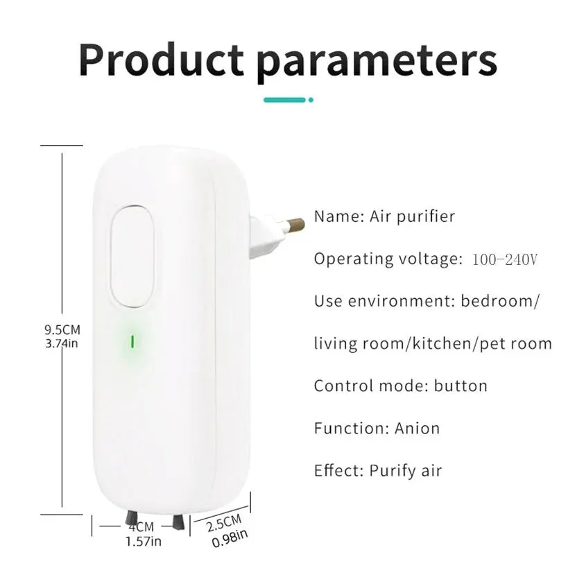 Air purifier with specifications on a white background