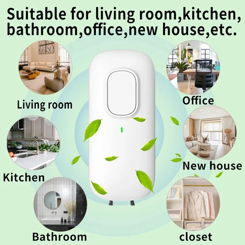 Air freshener with images of living room, kitchen, office, new house, and closet on a green background.