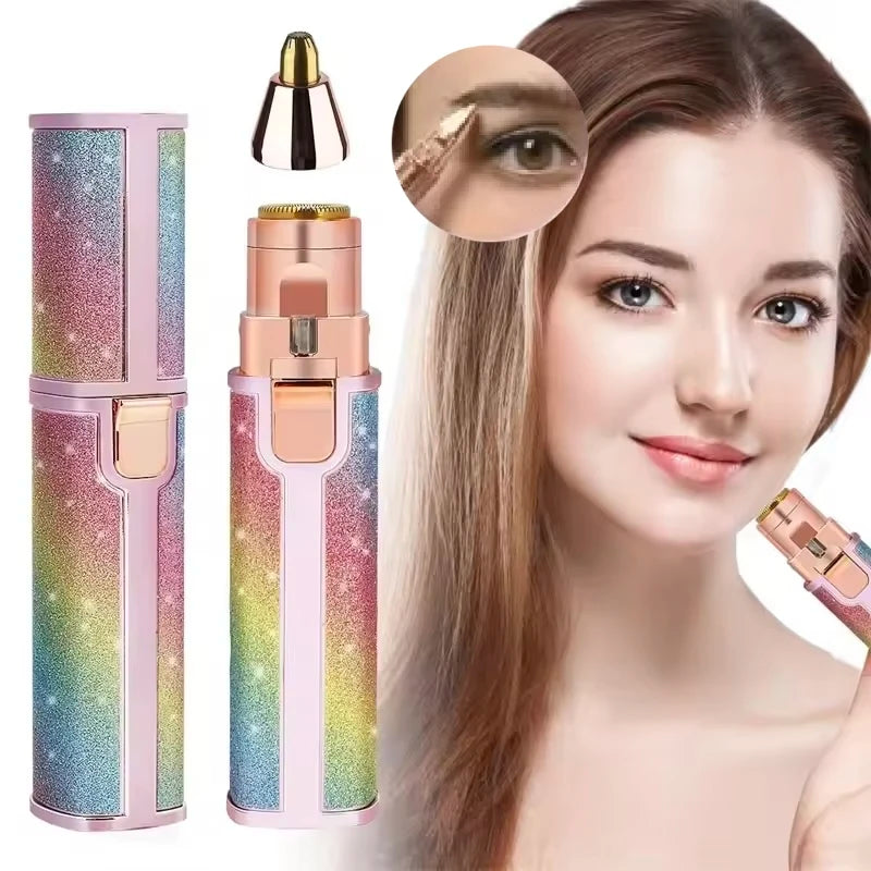 Multicolored beauty device with close-up of use on skin, next to a woman with long hair.