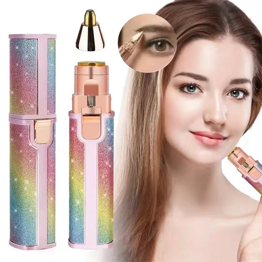 Multicolored beauty device with close-up of use on skin, next to a woman with long hair.