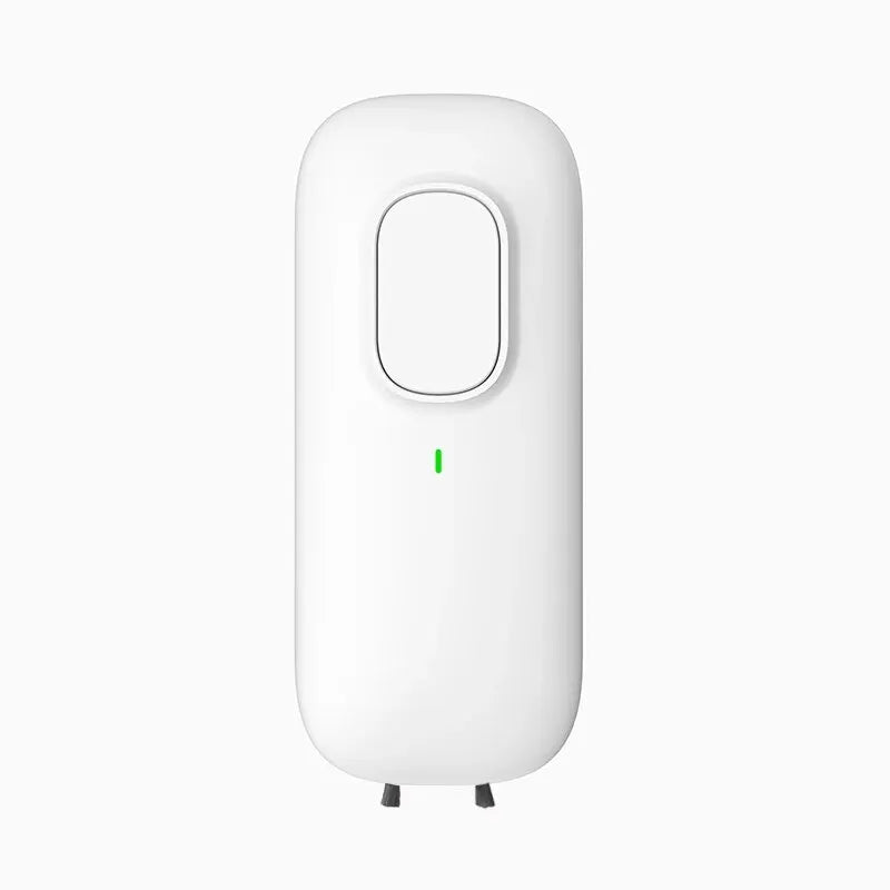 White electronic device with a green indicator light on a white background