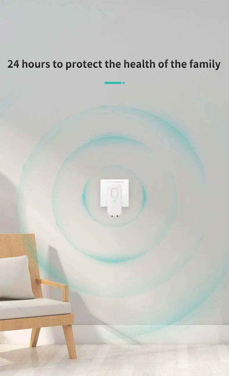 Air purifier on a wall with text '24 hours to protect the health of the family' in a room.