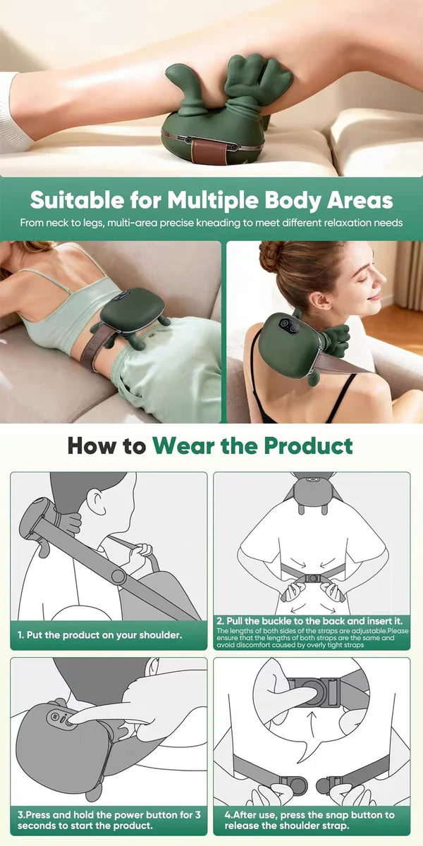 Heated neck and body massager usage guide - suitable for multiple areas including neck, shoulders, waist, and legs with step-by-step instructions