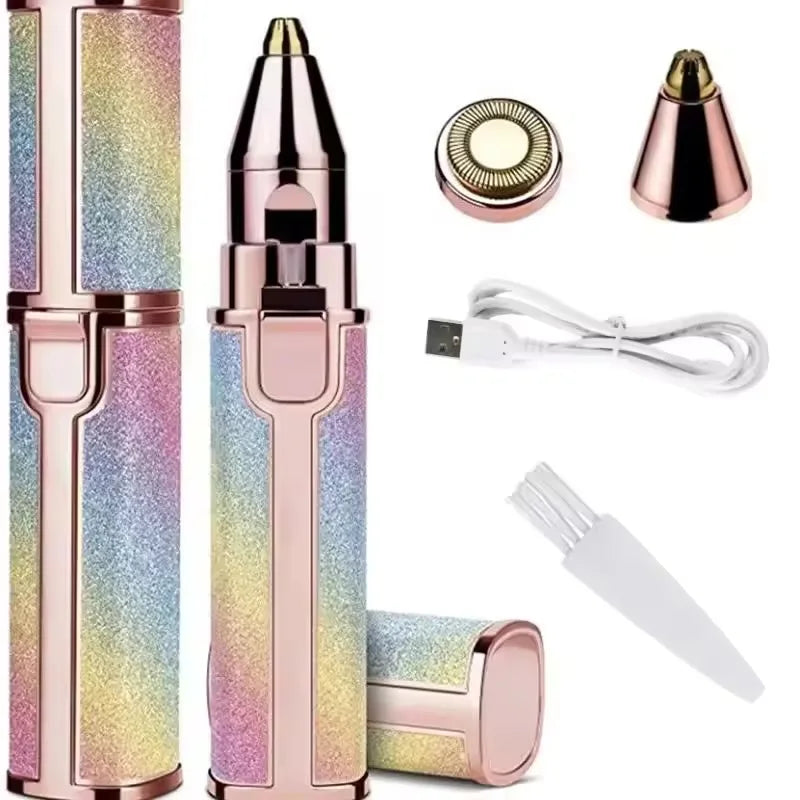 Multicolored electric hair removal device with accessories on a white background