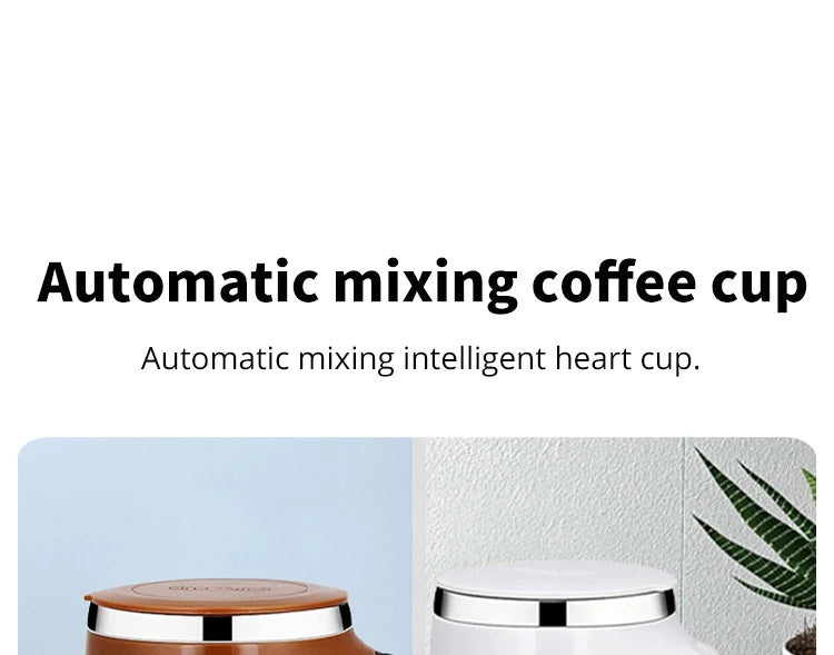 Automatic mixing coffee cup with text on a white background