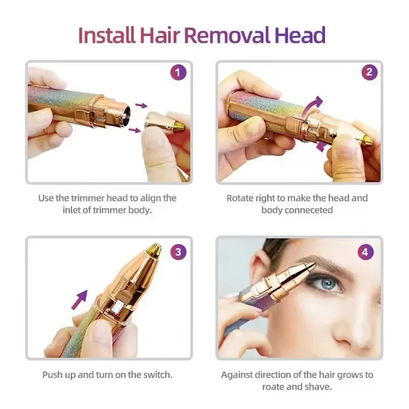 Instructions for installing a hair removal head with close-up of a person using it on their face.