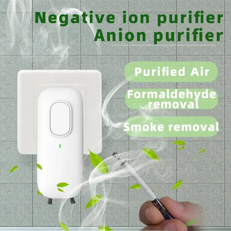 Negative ion purifier with text on a gray tiled background