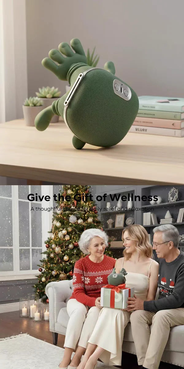 Heated neck massager perfect gift - family on couch by Christmas tree giving wellness present