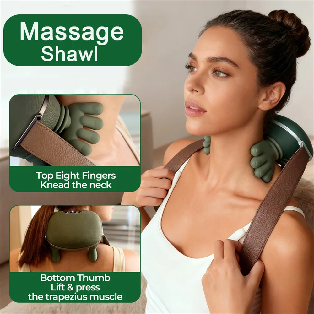 Heated neck massager with hand-shaped design - woman wearing device showing eight finger kneading points and thumb trapezius lift feature