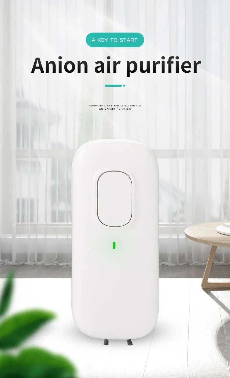Anion air purifier on a white floor with a light curtain background