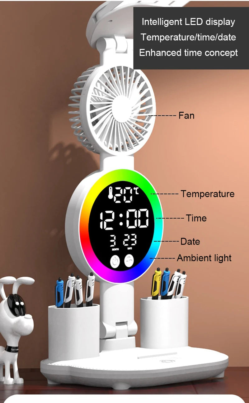 Multifunctional desk organizer with LED display, fan, and pen holders on a brown background.