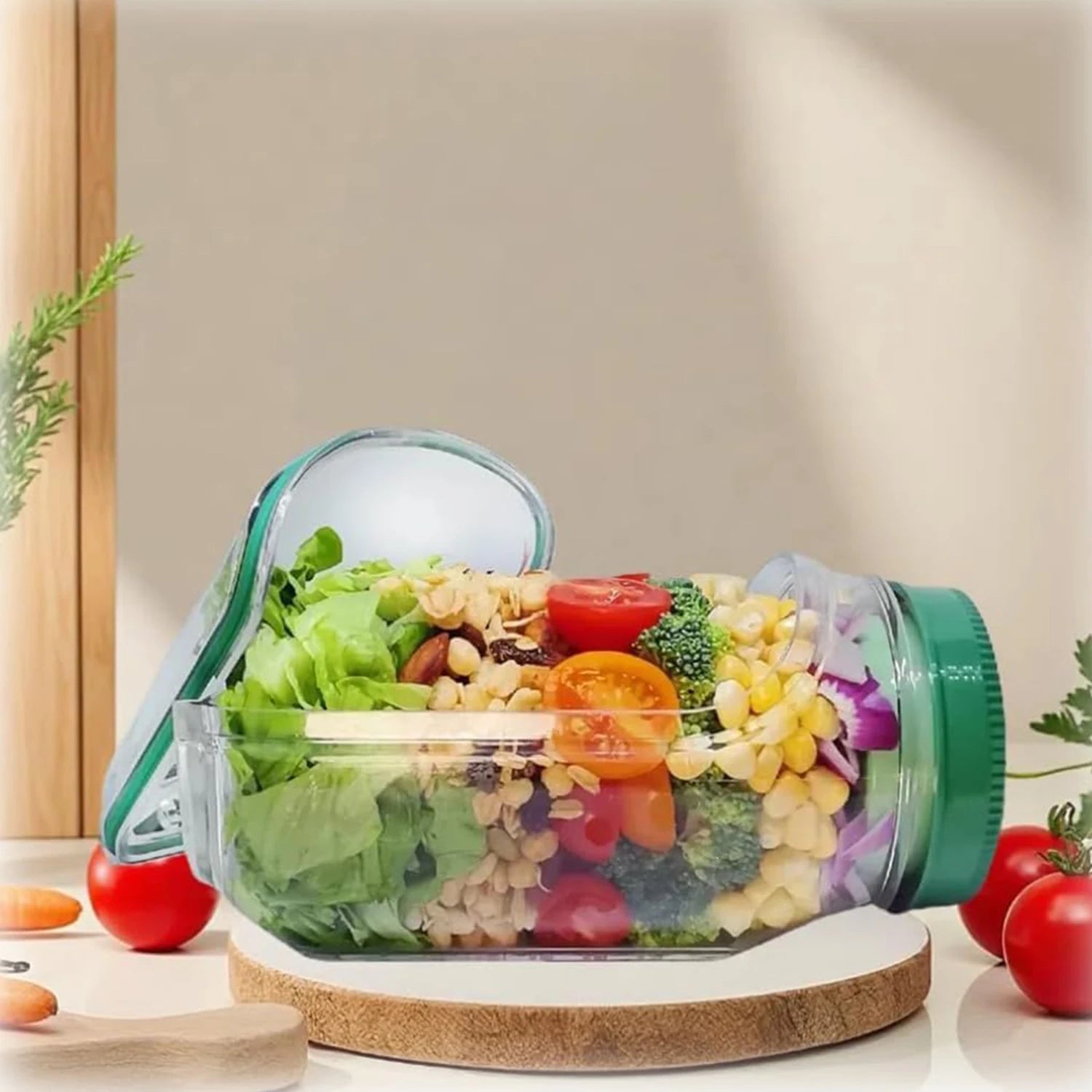 Glass salad container with a colorful salad on a wooden board