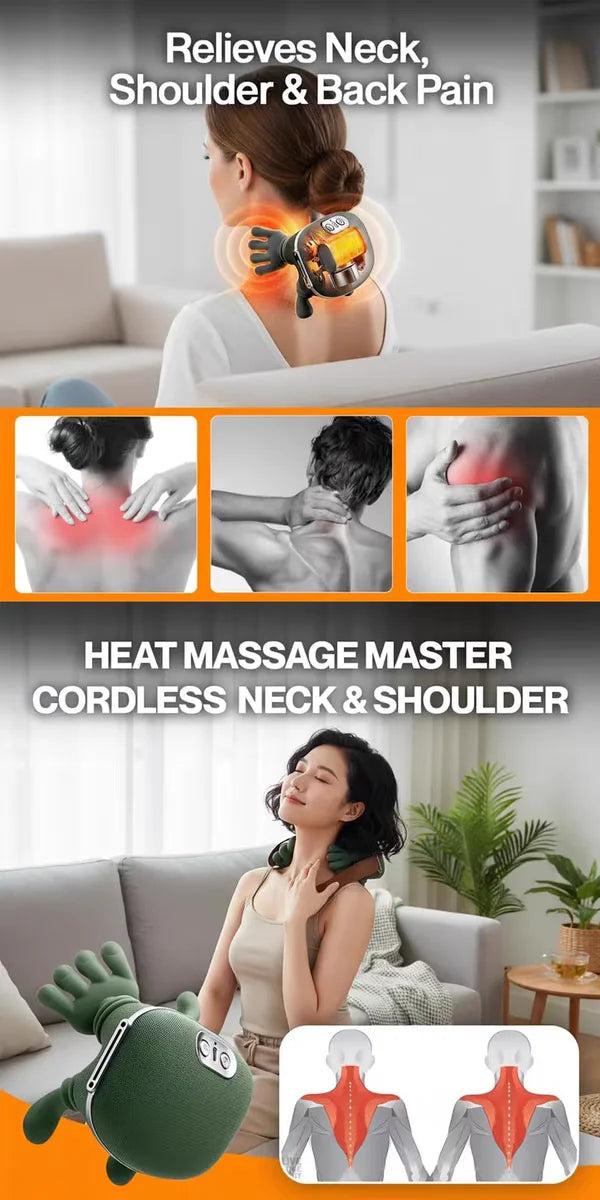 Heated cordless neck and shoulder massager - targeting neck, shoulder, and back tension zones with therapeutic heat