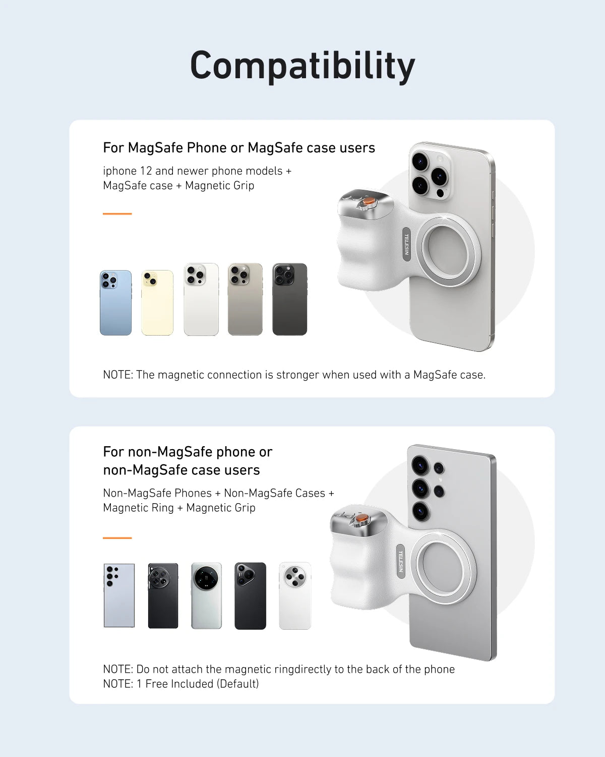 Compatibility chart for MagSafe phone cases and accessories on a light blue background