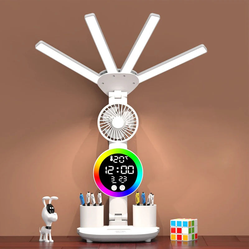 Multifunctional desk fan with clock and lighting on a brown background