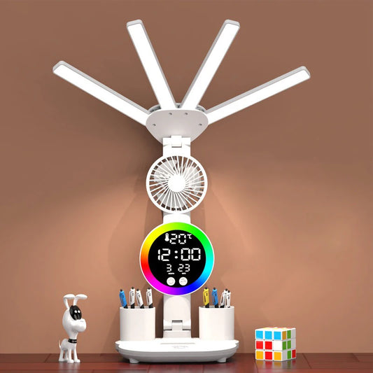 Multifunctional desk fan with clock and lighting on a brown background