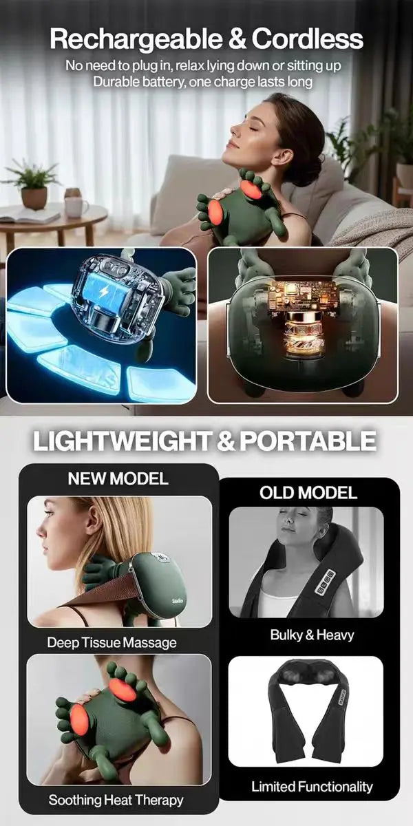 Heated neck massager key features - rechargeable and cordless, lightweight and portable, with deep tissue massage and soothing heat therapy upgrades