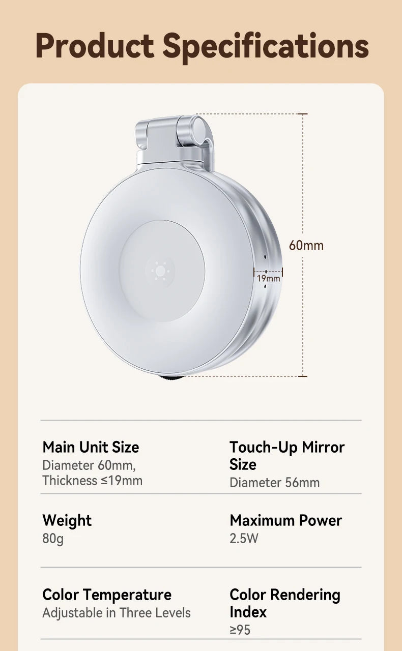 Product specifications of a touch-up mirror with dimensions and features listed.