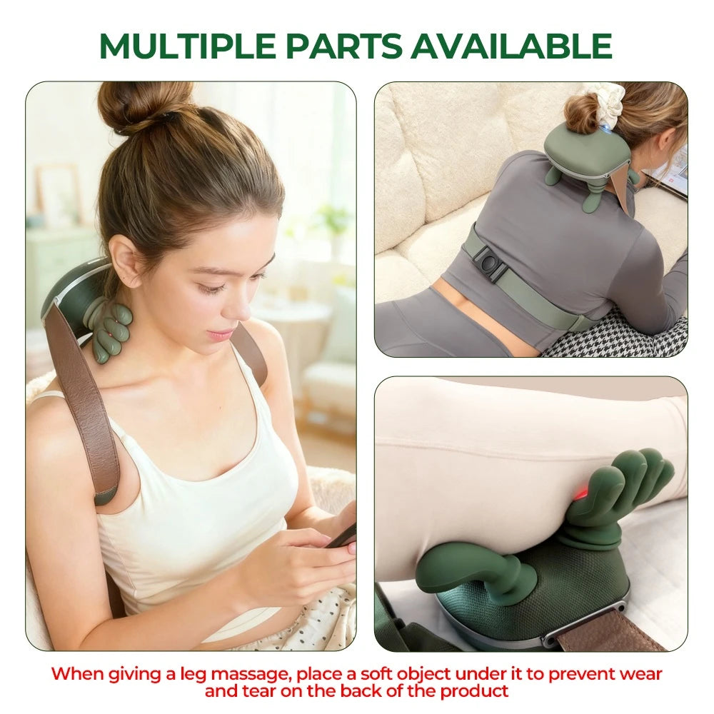 Heated neck massager with hand-shaped grips - woman demonstrating use on neck, shoulders, and back while relaxing on couch