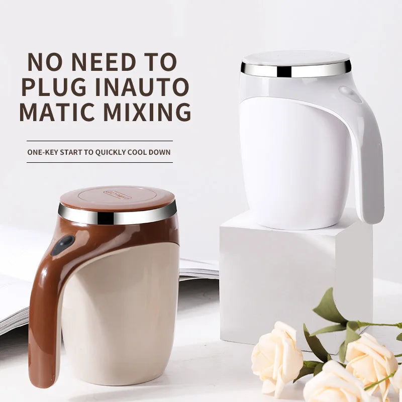 Two white containers with brown accents on a light gray background, featuring text about automatic mixing.