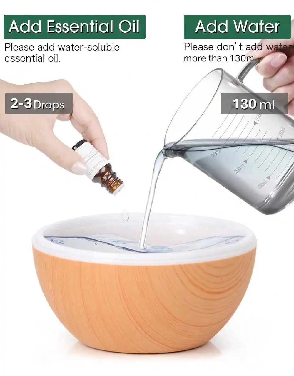 Instructions for using a diffuser with essential oil and water.