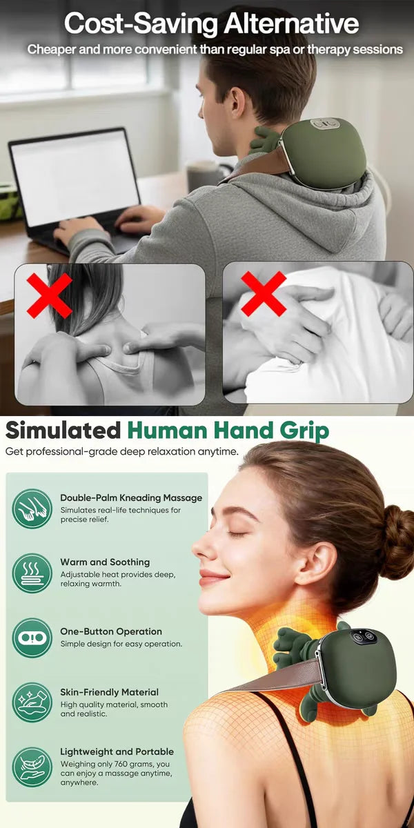 Heated neck massager cost-saving alternative to spa and therapy sessions - simulated human hand grip with double kneading, heat function, and lightweight portable design