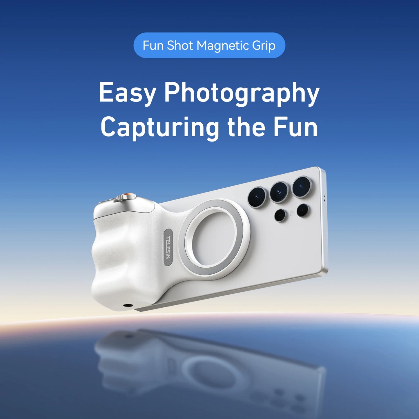 Fun Shot Magnetic Grip with smartphone on a blue gradient background