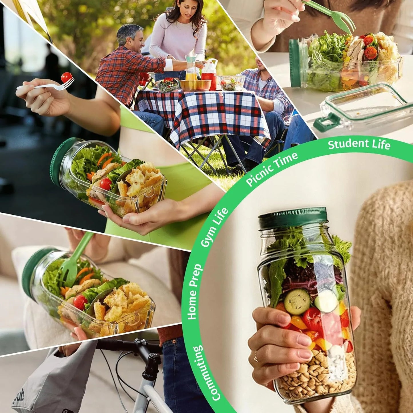 Collage of people enjoying salads outdoors with a focus on 'Picnic Time' and 'Gym Prep'.