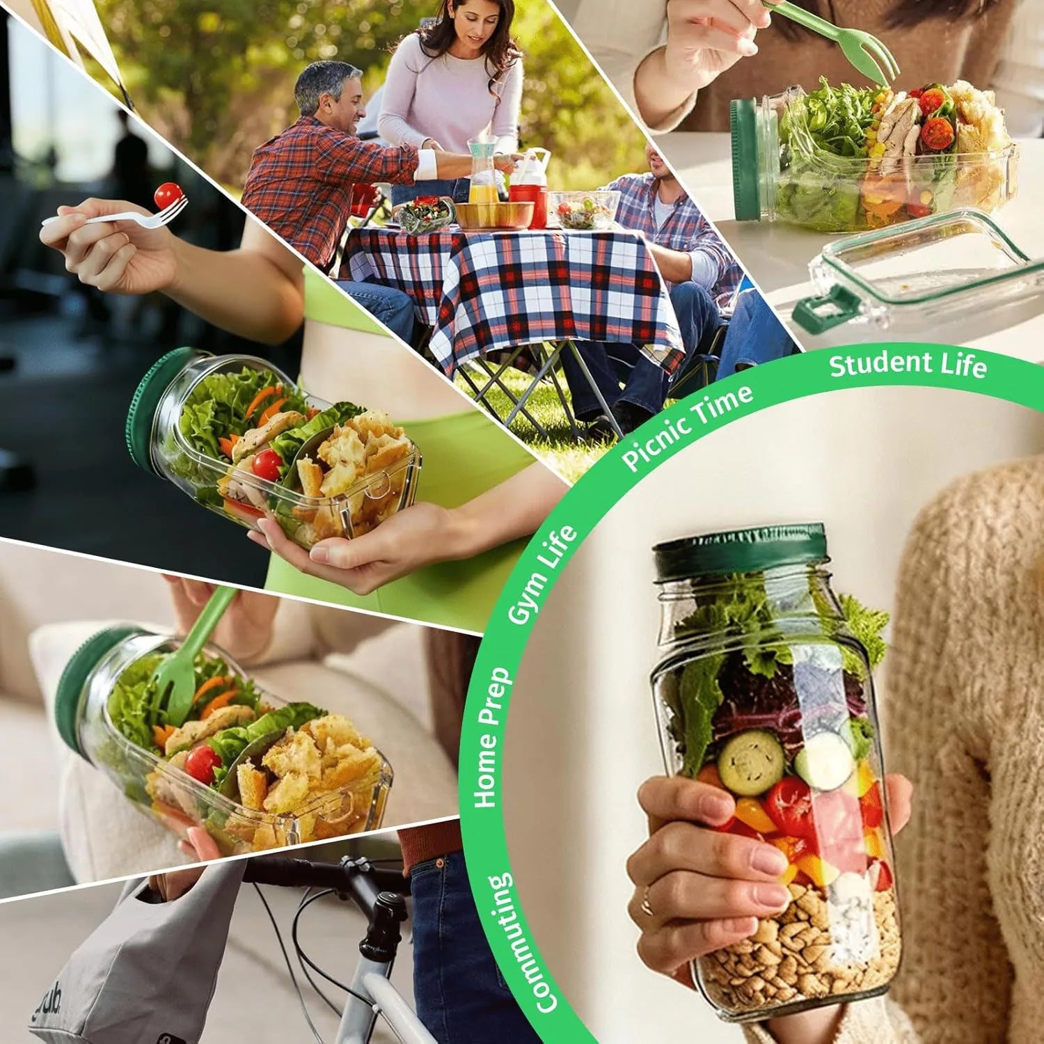 Collage of people enjoying salads outdoors with a focus on 'Picnic Time' and 'Gym Prep'.