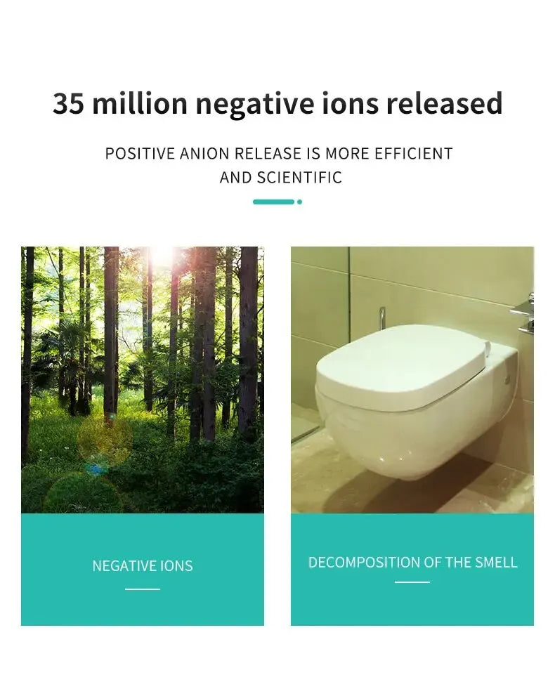 Advertisement showing a forest and a bathroom with text about negative ions and decomposition of smell.