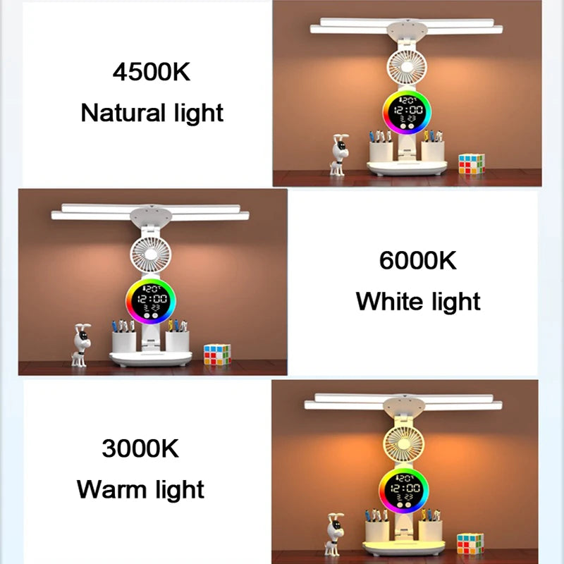 Light fixture with digital display showing different color temperatures on a desk.